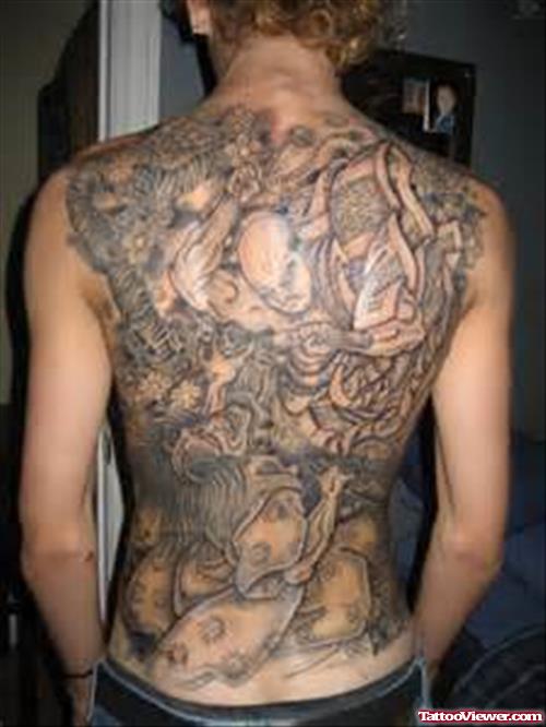 Grey Ink Alien Tattoo On Back Body