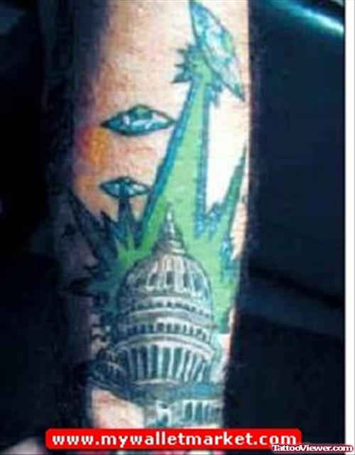 Green Ink Alien Spaceship Tattoo