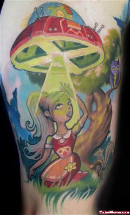 Colored Ink Alien Come From Spaceship Tattoo