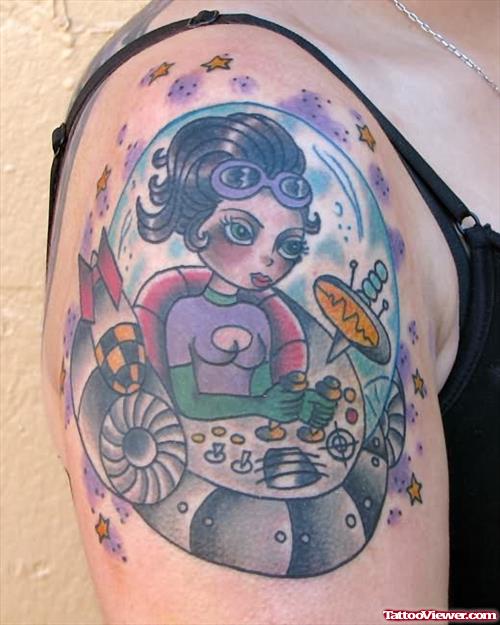 Spaceship Alien Girl Color Ink Tattoo On Right Shoulder
