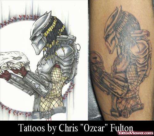 Grey Ink Predator With Skull Tattoo