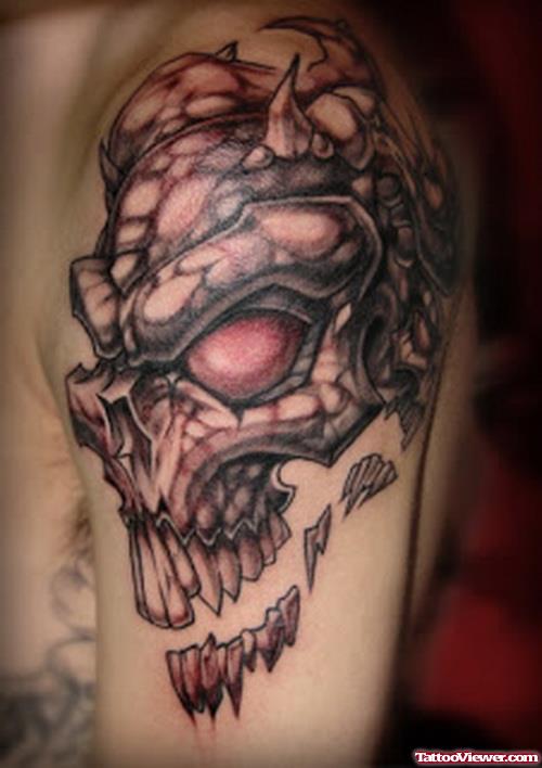 Grey Ink Alien Skull Tattoo On Shoulder