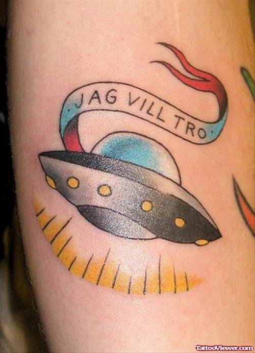 Jag Vill Tro Banner On Alien Spaceship Tattoo
