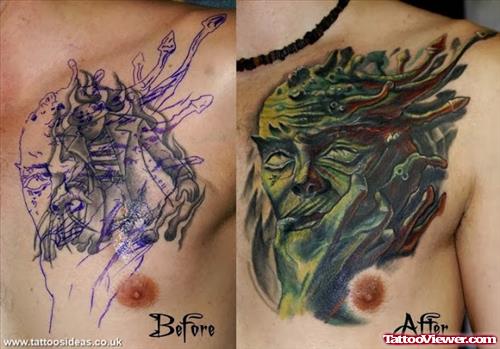 Green Ink Alien Face Tattoo On Man Chest