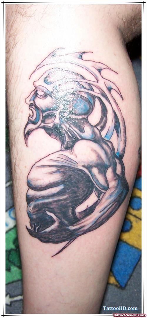 Cool Tribal Alien Tattoo On Leg