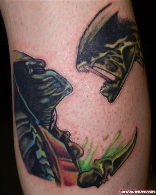 Color Ink Predator Vs Alien Tattoo On Bicep