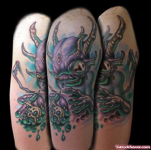 Color Ink 3D Alien Tattoo On Half Sleeve