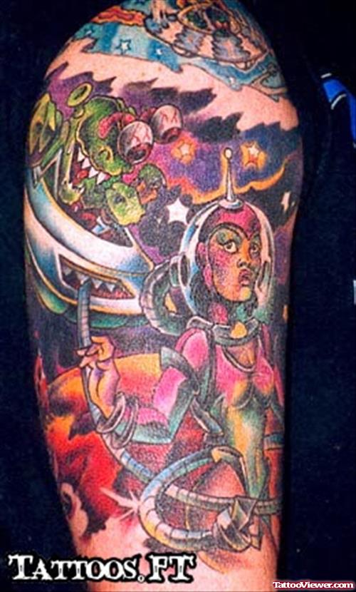 Awful Colored Ink Half Sleeve Alien Tattoo
