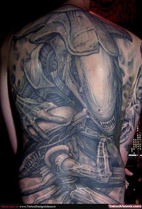 Grey Ink Alien Tattoos On Full Back