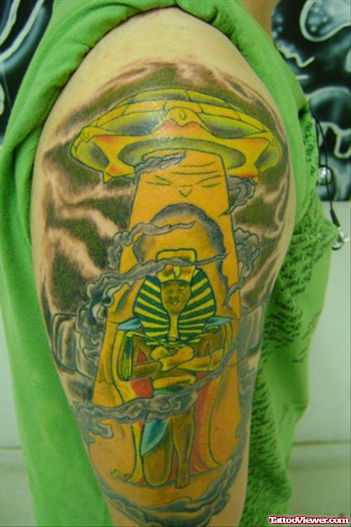 Colorful Alien And Spaceship Tattoo On Half Sleeve