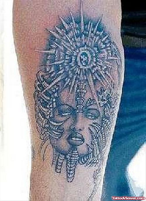 Alien Girl Head Tattoo On Right Arm