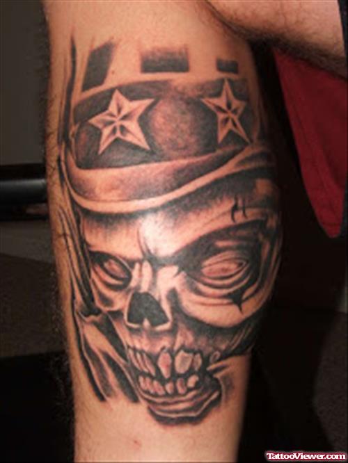Grey Ink Alien Skull Tattoo On Leg
