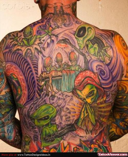 Colorful Alien Tattoos On Full Back