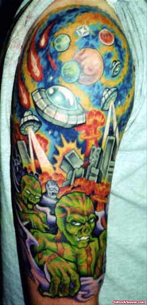 Colored Ink Alien Tattoo On Right Half Sleeve