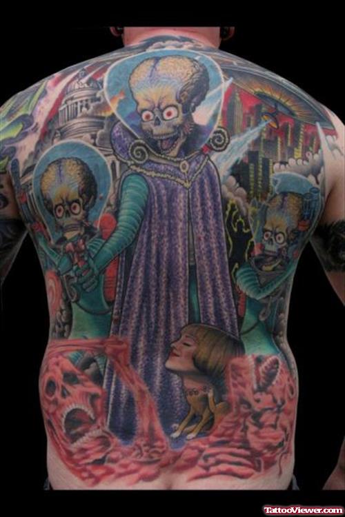 Colored Ink Alien Tattoo On Man Back Body