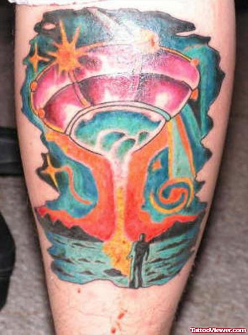 Colored Ink Alien Spaceship Tattoo