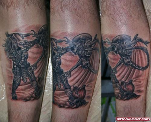 Alien and Predator Fight Grey Ink Tattoo