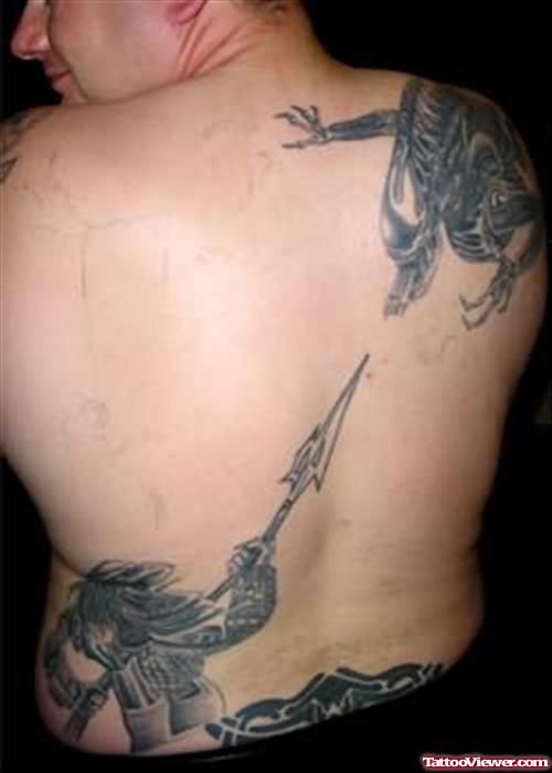 Alien And Predator Grey Ink Tattoo On Back