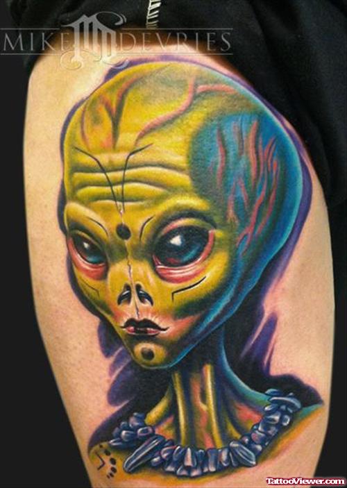 Colored Ink Alien Head Tattoo