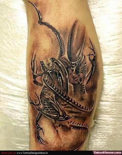 Amazing Grey Ink Alien Tattoo On Leg