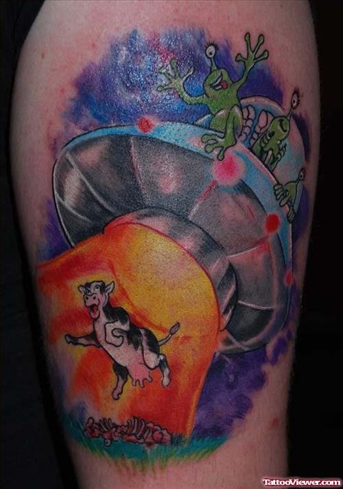 Aliens Spaceship Catching Cow Color Ink Tattoo