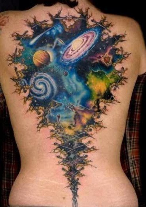 Alien Colored Ink Tattoos On Back
