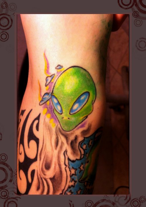 Green Ink Alien Head Tattoo