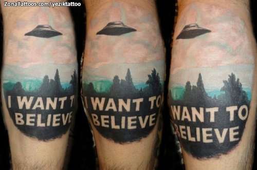 I Want To Believe - Alien Spaceship Tattoo On Back Leg
