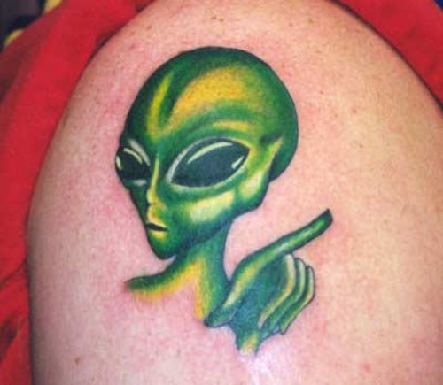 Green Ink Cute Alien Head Tattoo On Shoulder