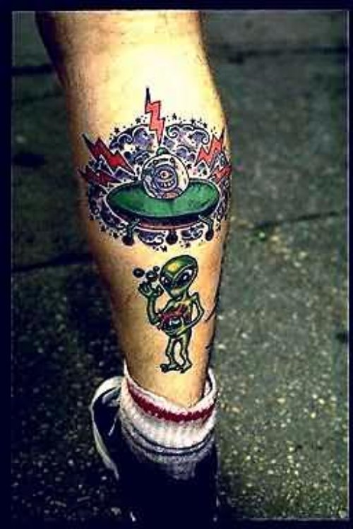 Alien & Spaceship Tattoo on Leg