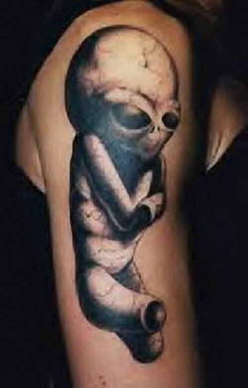 Grey Ink Half Sleeve Alien Tattoo