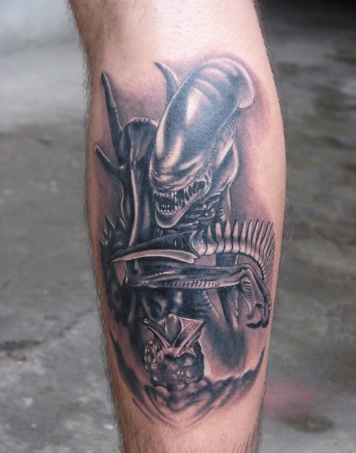 Best Grey Ink Alien Tattoo On Back Leg