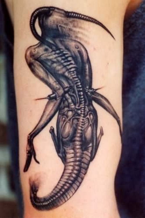 Awful Grey Ink Alien Tattoo On Half Sleeve