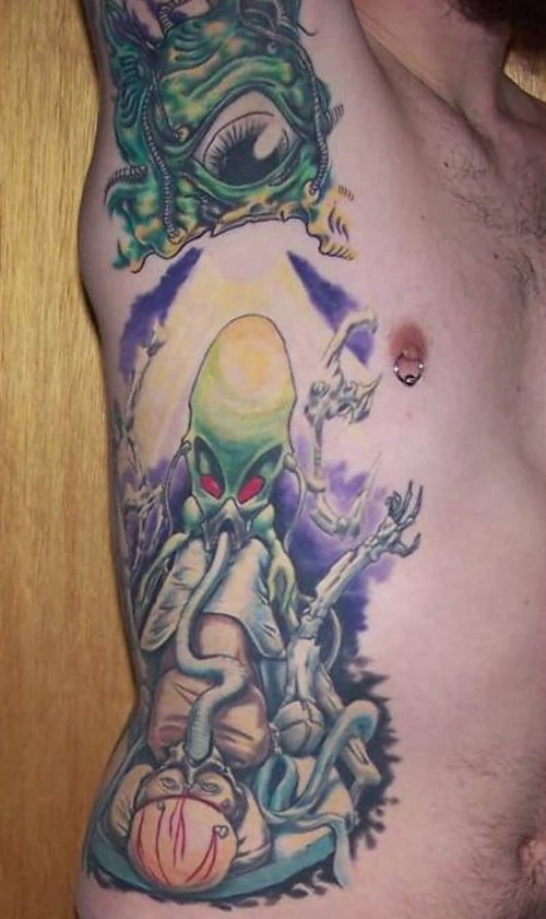Adorable Colorful Alien Tattoo On Underarm And Side Rib