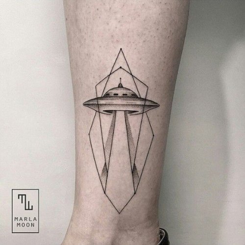 Geometric Alien Spaceship Tattoo On Leg