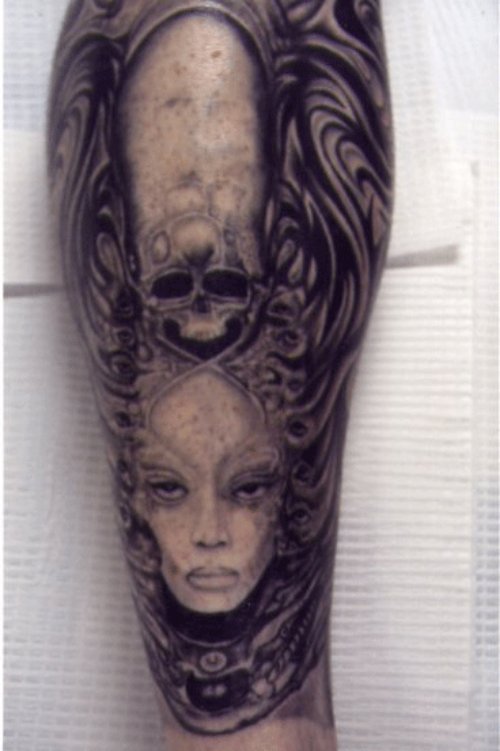 Alien Skull And Girl Face Tattoo On Sleeve