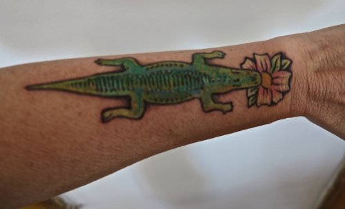 Green Ink Alligator Tattoo On Arm