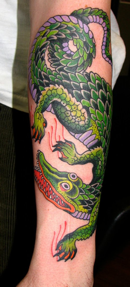 Color Ink Alligator Tattoo On Left Sleeve
