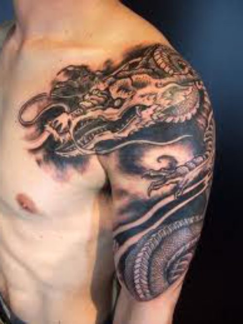 Grey Ink Alligator Tattoo On Left Shoulder And Half Sleeve