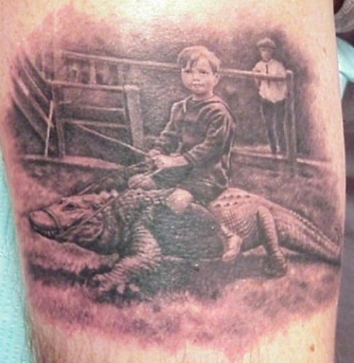 Awesome Grey Ink Alligator Tattoo