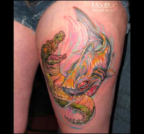 Colored Alligator Tattoo On Left Thigh
