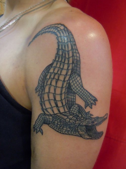 Grey Ink Alligator Tattoo On Left Half Sleeve