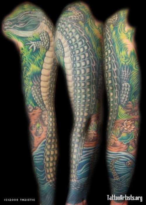 Colored Alligator Tattoo On Sleeve
