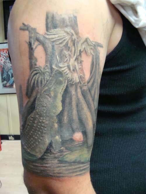 Alligator Tattoo On Man Right Half Sleeve
