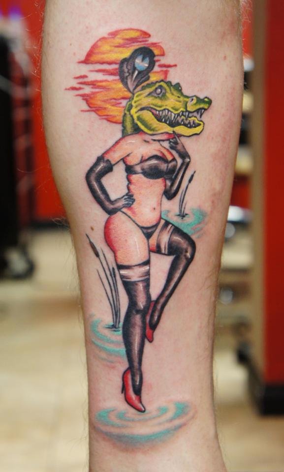 Alligator Head Girl Tattoo On Leg