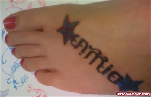 Nautical Stars And Ambigram Tattoo On Left Foot