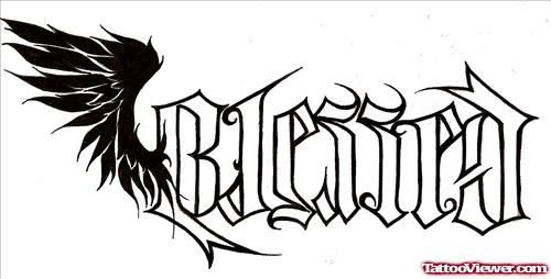 Angel Wings and Blessed Ambigram Tattoo Design