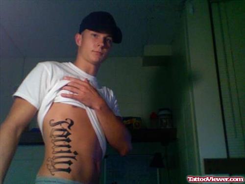 Grey Ink Family Ambigram Tattoo On Side