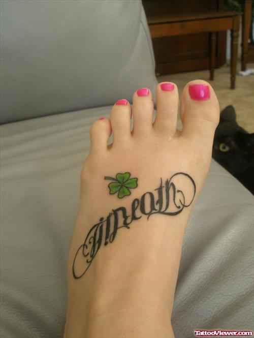 Irish Leaf And Ambigram Family Tattoo On Left Foot