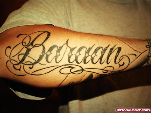 Baraan Ambigram Tattoo On Right Arm